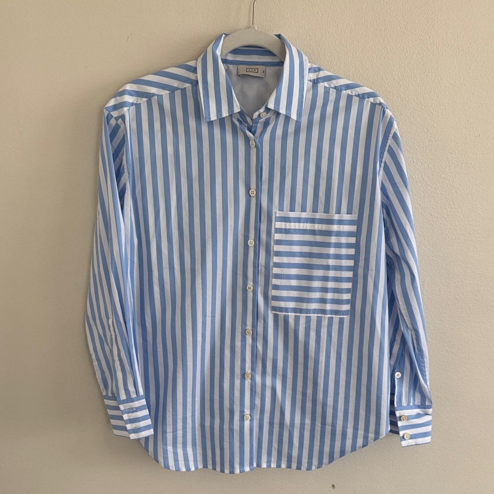 AYR “The Deep End” Light Blue and White Vertical Stripe Button-Down Shirt